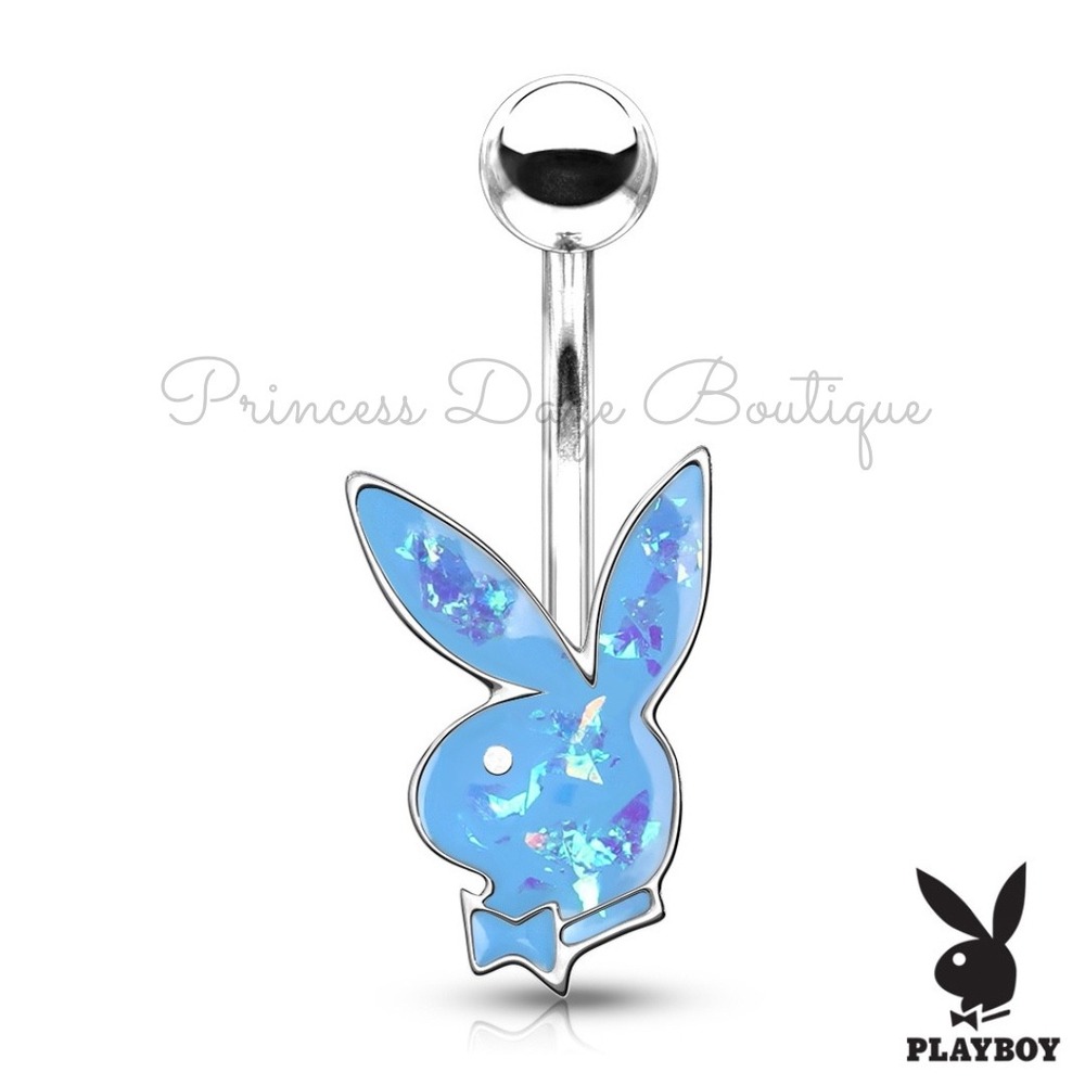 Playboy Blue Opal Bunny Belly Button Ring Silver Body Jewelry